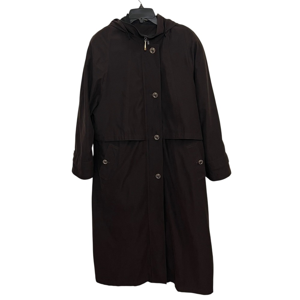 VTG Valerie Stevens Womens Long Hooded Trench Coat Brown Button Zip Size 12P‎